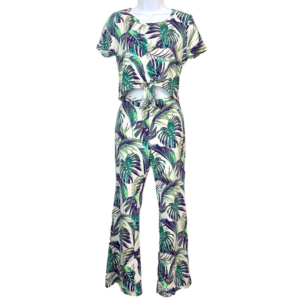 MINETTE 2 Pc Palm Leaf Print Lounge Set w/ Crop Top & Flare Pants Sz L